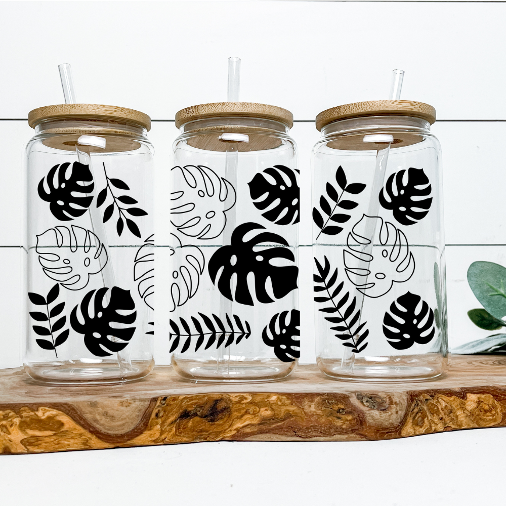 16oz Glass Tumbler - Black Monstera