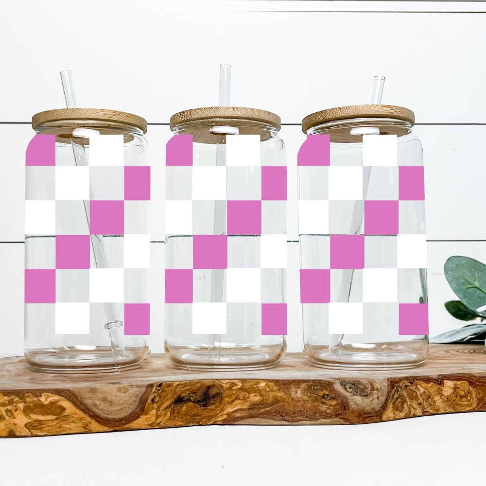 16oz Glass Tumbler - Pink & White Checkerboard