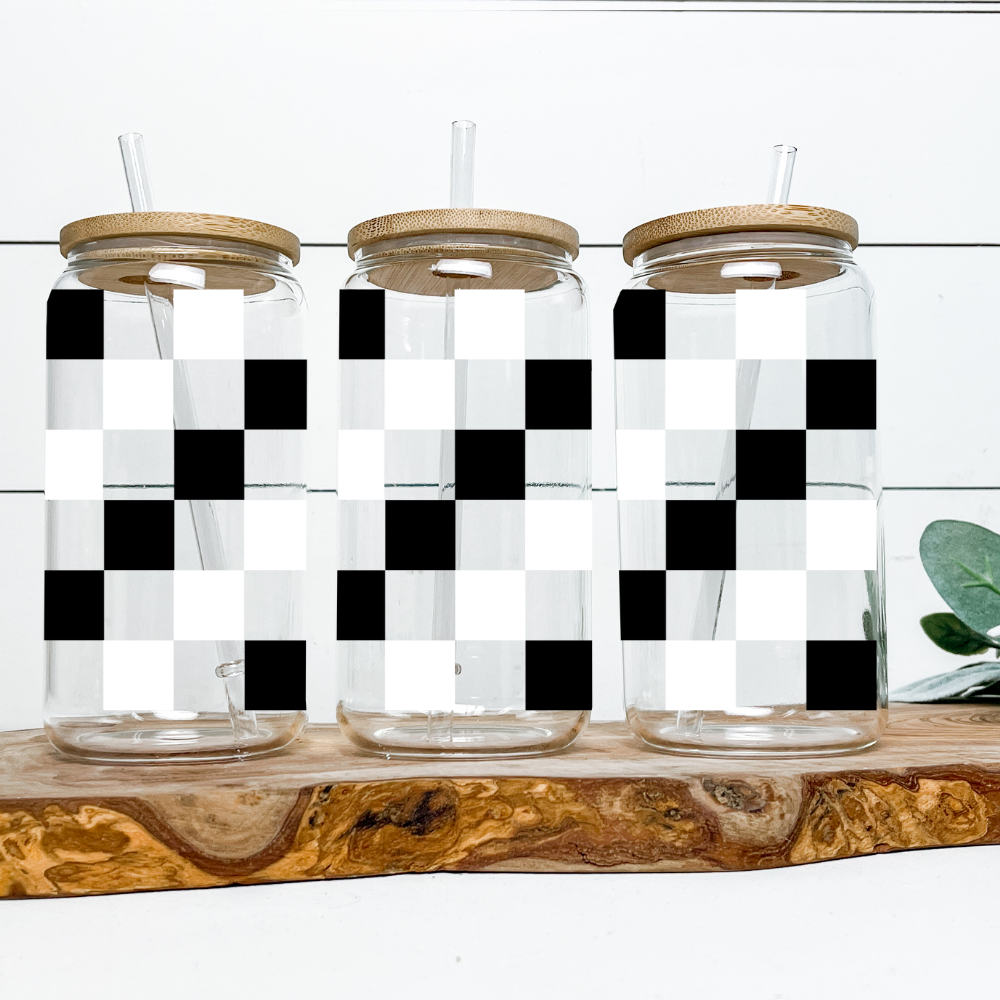 16oz Glass Tumbler - Black & White Checkerboard