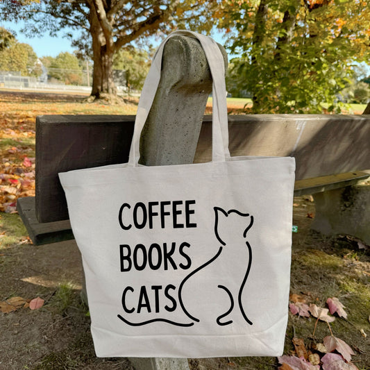 Recycled Canvas Tote Bag - Cats Books Coffee