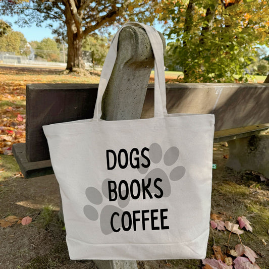 Recycled Canvas Tote Bag - Dogs Books Coffee