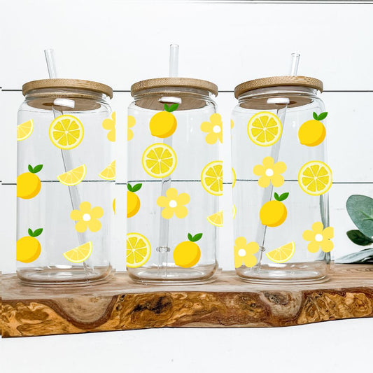 16oz Glass Tumbler - Lemons & Flowers